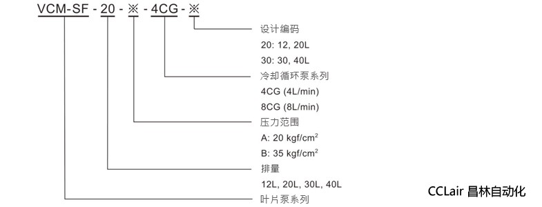How to order - Design Nr : 20:12,20L, 30: 30, 40L, Cooling circulation pump type: 4CG (4L/min), 8CG (8L/min), Pressure ranges: A: 20 kgf/cm2 / C: 55 kgf/cm2 / B: 35 kgf/cm2 / D: 70 kgf/cm2, Displacement: 12L, 20L, 30L, 40L, Variable Displacement Vane Pump Series